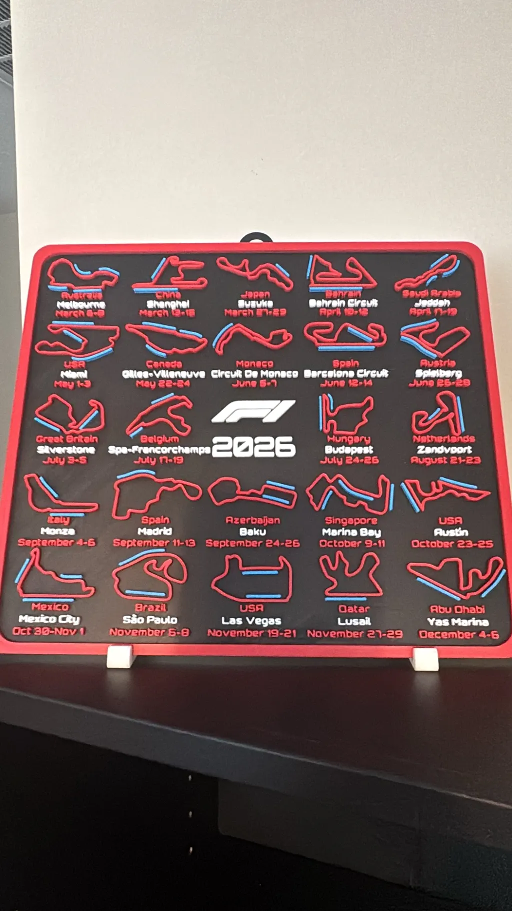 Multicolor relief calendar showing every circuit of a racing season