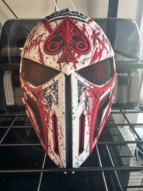Ace of Bladez wearable mask in white, red and black, front view