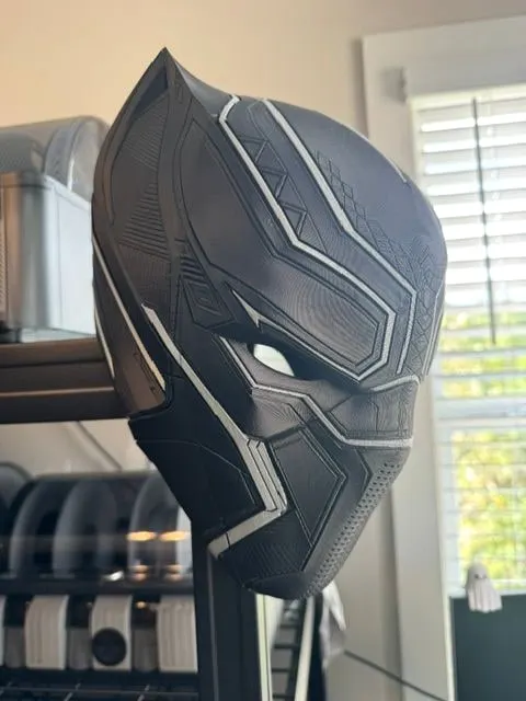 Panther helmet in profile against a window