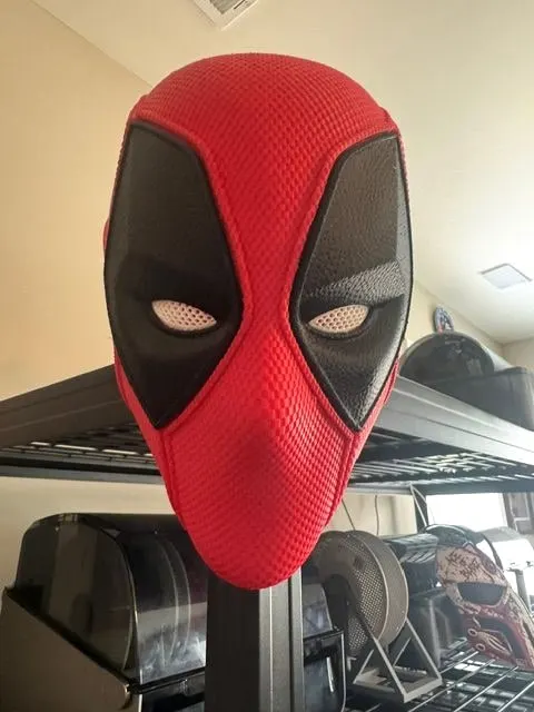 Red and black antihero mask, front view