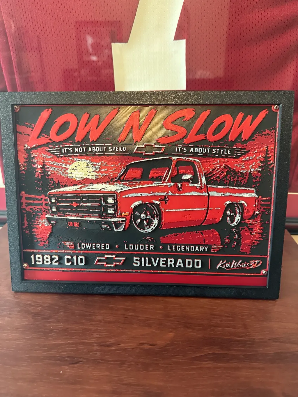 Red and black HueForge of a lowered 1982 Chevrolet C10 pickup, framed